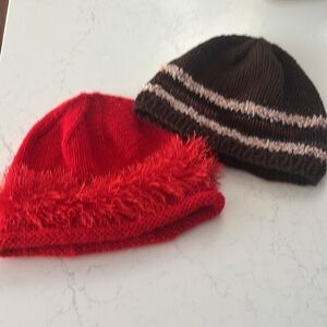 Hand Knit Beanie Hats Red/Brown